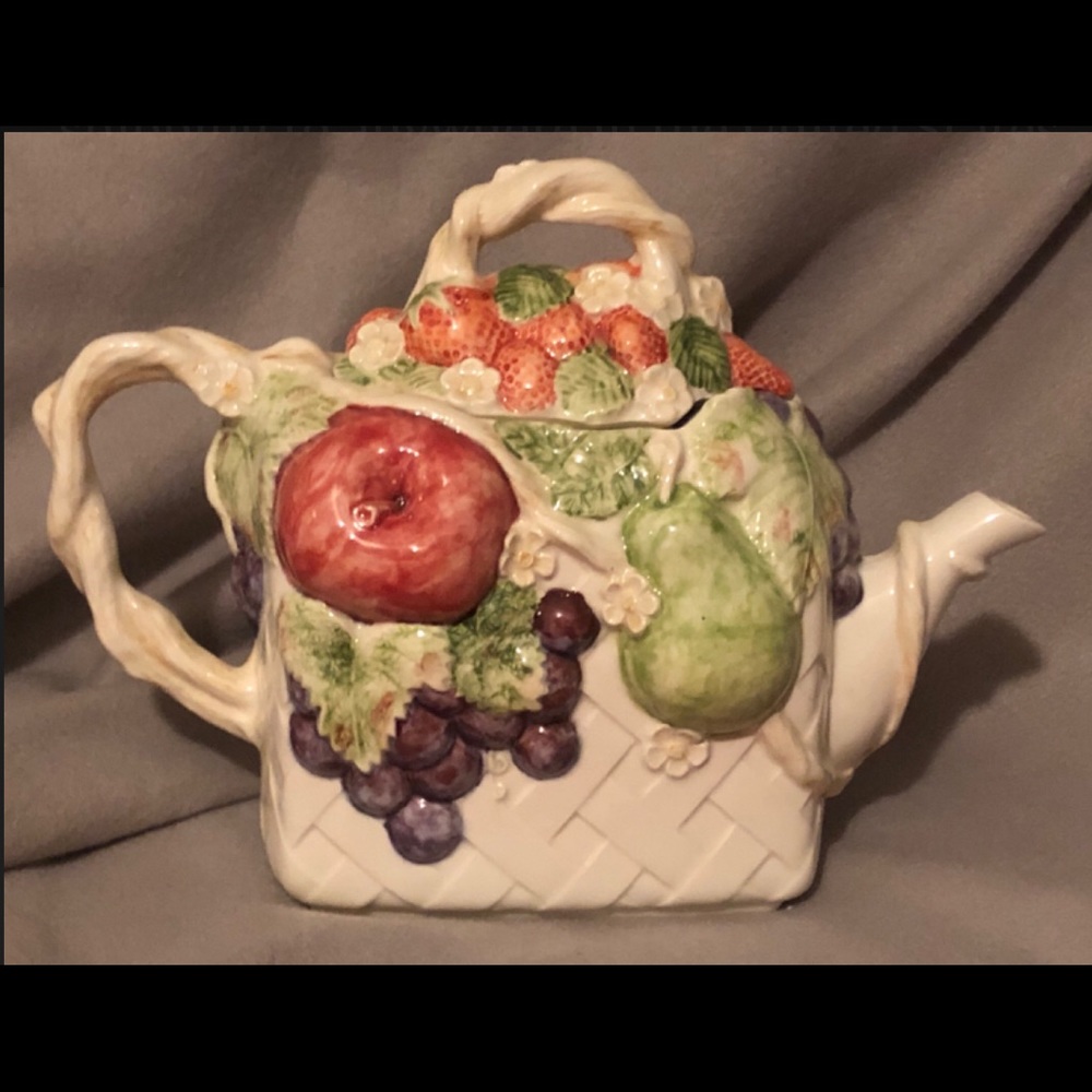 Rare Glazed Ceramic Fruit Basket Tea Pot